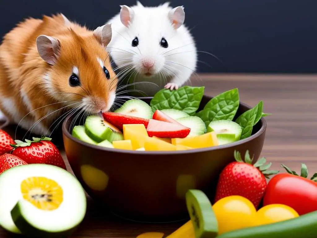 A hamster eating organic food from a bowl surrounded by fresh fruits and vegetables.